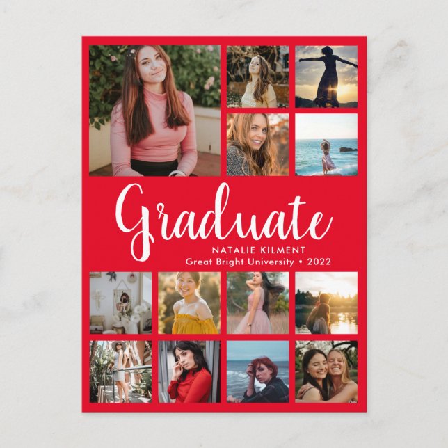 Graduate 14 Photo Collage Red and White Graduation Announcement Postcard (Front)