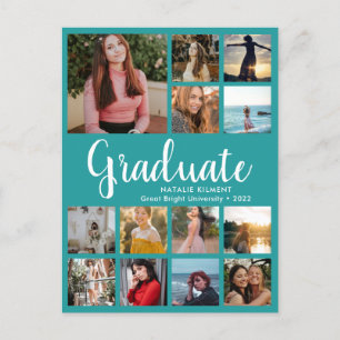 Graduate 14 Photo Collage Teal & White Graduation Announcement Postcard