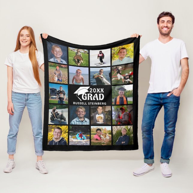 Graduate 18 Photo Collage Grad Cap Year Black Fleece Blanket (In Situ)