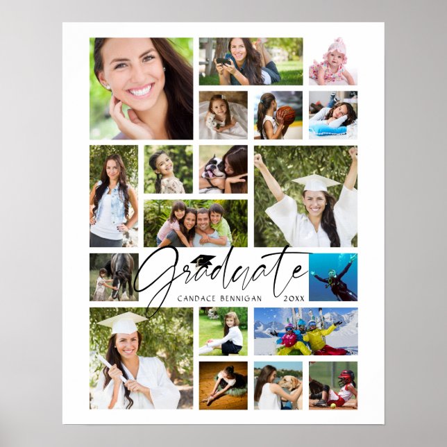 Graduate 19 Photo Collage Script White Custom Poster (Front)