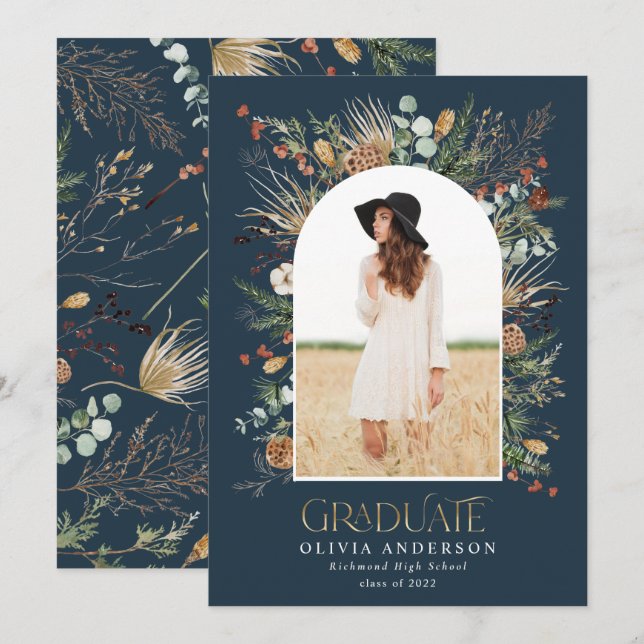 Graduate 1 photo arch navy blue botanical floral   announcement (Front/Back)