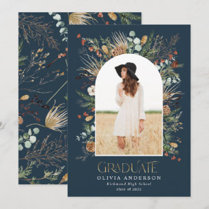 Graduate 1 photo arch navy blue botanical floral announcement