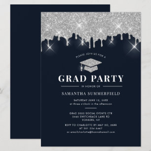 Graduate 2022 Navy Silver Glitter Graduation Party Invitation