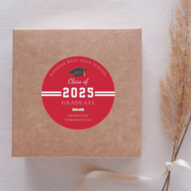 Graduate 2025 Red White Graduation Party Classic Round Sticker (Graduation 2025 Red and White Classic Round Sticker)