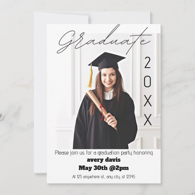 Graduate 20XX Simple Photo White Grad Party Invite (Front)