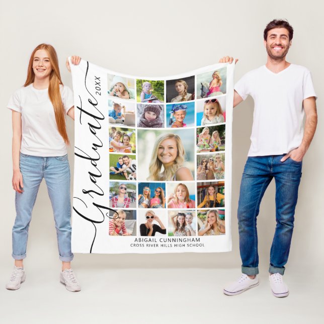 Graduate 21 Photo Collage Script Keepsake Fleece Blanket (In Situ)
