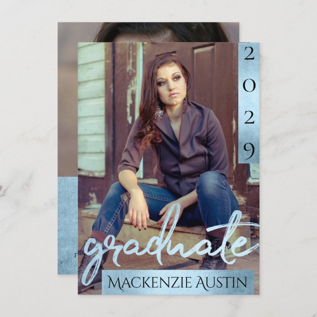 Graduate 2 Photo | Blue Script Cool Brush Keepsake Invitation (Front/Back)