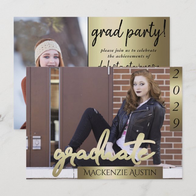 Graduate 2 Photo | Gold Script Elegant Grad Invitation (Front/Back)