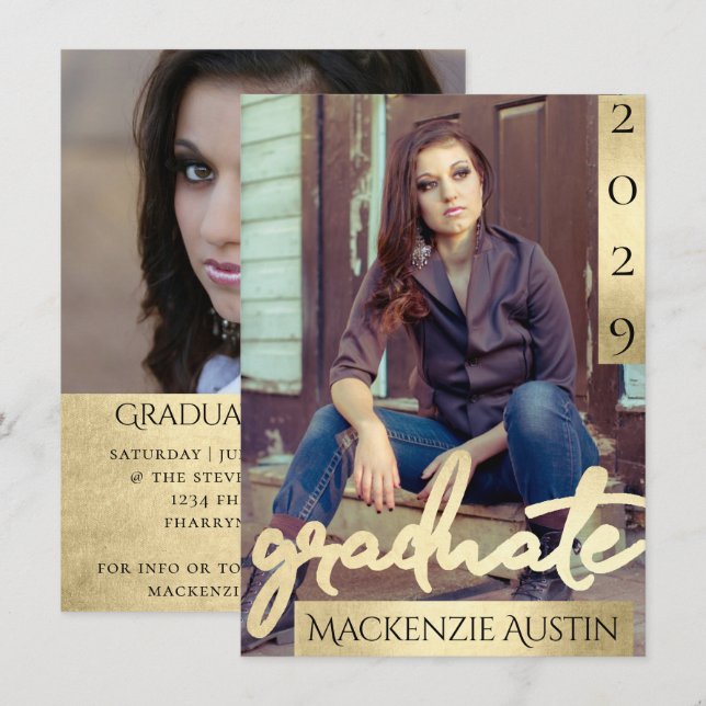 Graduate 2 Photo | Gold Script Elegant Grad Invitation (Front/Back)