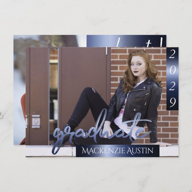 Graduate 2 Photo | Navy Script Dark Blue Keepsake Invitation (Front/Back)