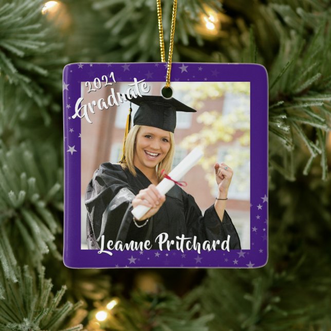 Graduate 2 Photo Purple Brush Script Stars Ceramic Ornament (Tree)