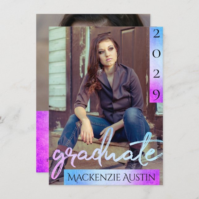 Graduate 2 Photo | Script Mermaid Ombre Keepsake Invitation (Front/Back)