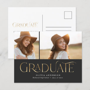 Graduate 2 photo watercolor botanical black gold holiday postcard