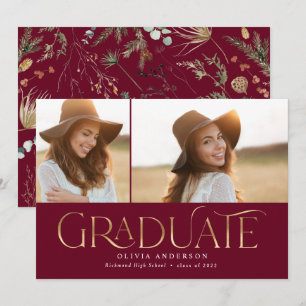 Graduate 2 photo watercolor botanical burgundy announcement