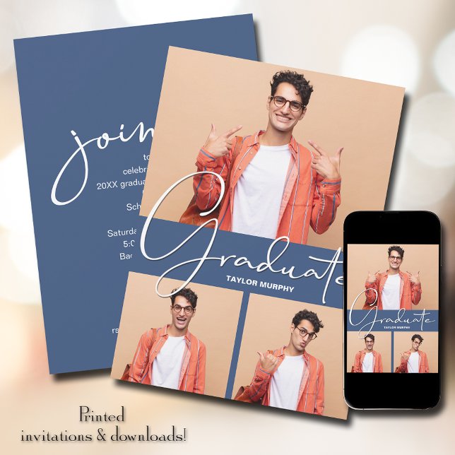 Graduate 3 Photo Blue Graduation Invitation (Creator Uploaded)
