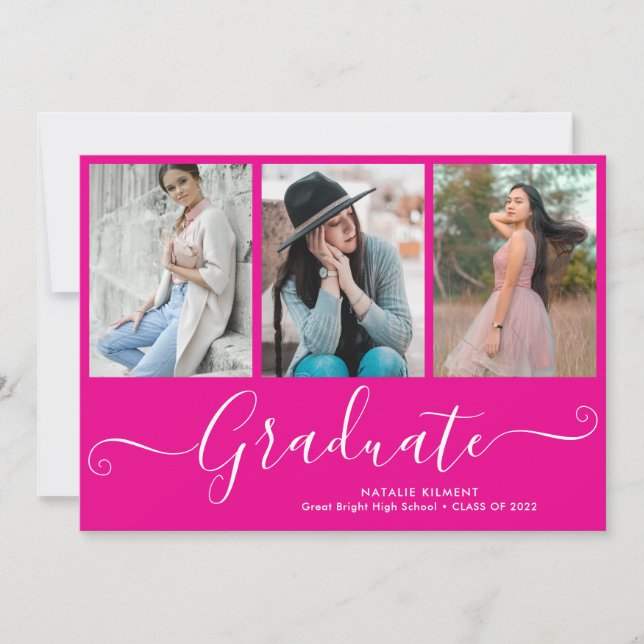 Graduate 3 Photo Collage Hot Pink Graduation Announcement (Front)