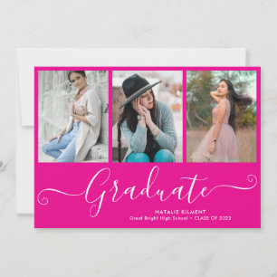 Graduate 3 Photo Collage Hot Pink Graduation Announcement
