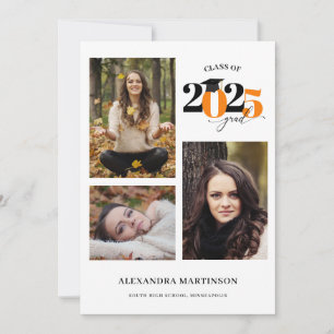 Graduate 3 Photo Collage Orange Class of 2022  Invitation