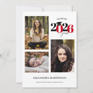 Graduate 3 Photo Collage Red Class of 2022 Invitation