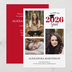 Graduate 3 Photo Collage Red Graduation Invitation
