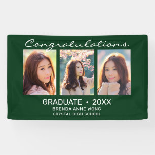 Graduate 3 Photo Collage White Script Green 2021 Banner