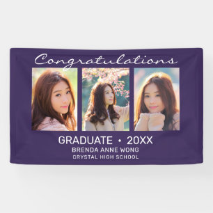 Graduate 3 Photo Collage White Script Purple 2023 Banner