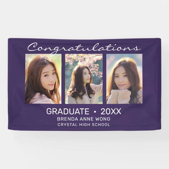 Graduate 3 Photo Collage White Script Purple 2023 Banner (Horizontal)