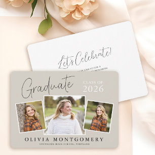 Graduate 3 Photo Modern Script Graduation Party Invitation