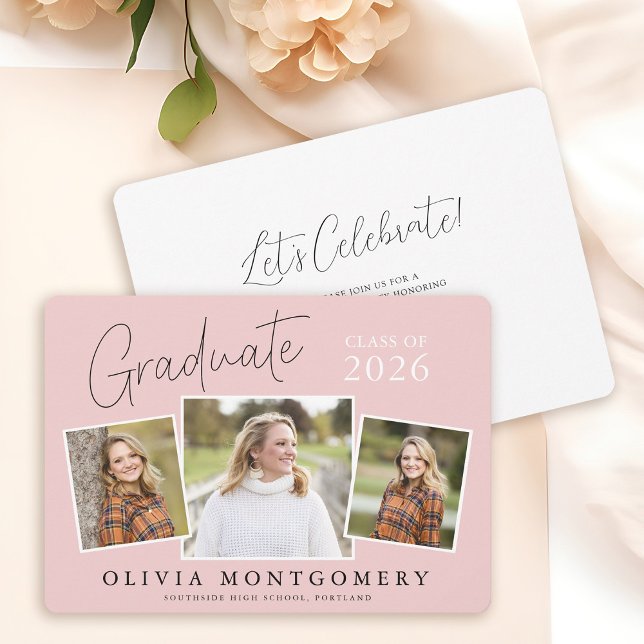 Graduate 3 Photo Modern Script Graduation Party Invitation (Creator Uploaded)