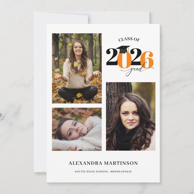 Graduate 3 Photos Collage Orange Class of 2026 Invitation (Front)