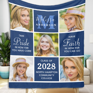 Graduate 5 Photo Collage Inspirational Navy Blue Fleece Blanket
