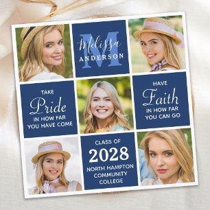 Graduate 5 Photo Monogram Navy Blue Graduation Announcement