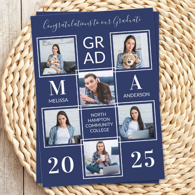 Graduate 6 Photo Personalized Navy Blue Graduation Invitation (Creator Uploaded)