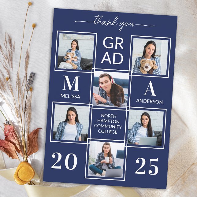 Graduate 6 Photo Personalized Navy Blue Graduation Thank You Card (Creator Uploaded)