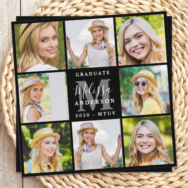 Graduate 8 Photo Collage Black Graduation Invitation (Creator Uploaded)
