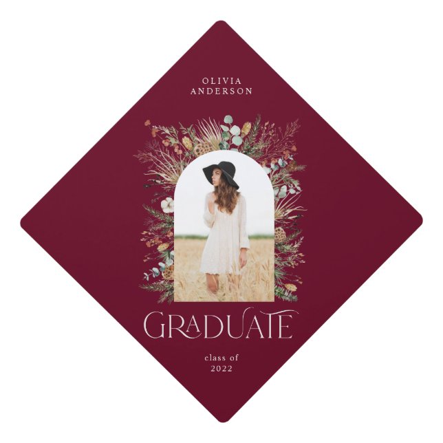 Graduate arch 1 photo black burgundy graduation  graduation cap topper (Front)