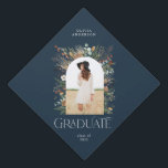 Graduate arch 1 photo blue botanical modern  graduation cap topper<br><div class="desc">Graduate blue natural modern elegant watercolor dried botanical floral muted colours arch 1 photo party attire graduation cap. Contemporary modern typography.</div>