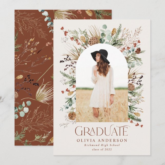 Graduate arch 1 photo terracotta botanical modern  announcement (Front/Back)