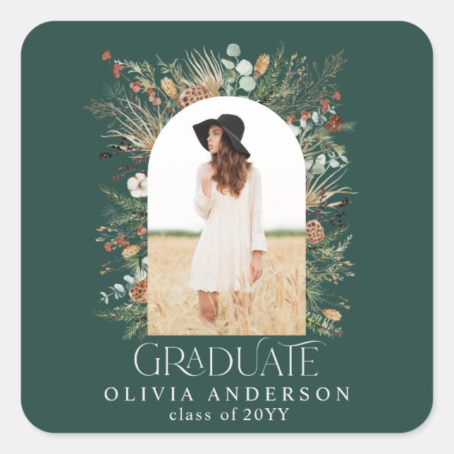 Graduate arch photo terracotta botanical green squ square sticker (Front)