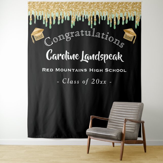 Graduate Backdrop Green Gold Glitter Dripping Tapestry (In Situ)