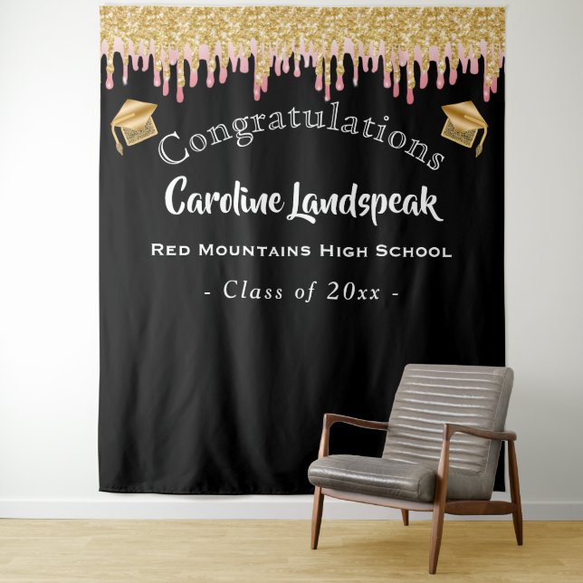 Graduate Backdrop Soft Red Gold Glitter Dripping Tapestry (In Situ)