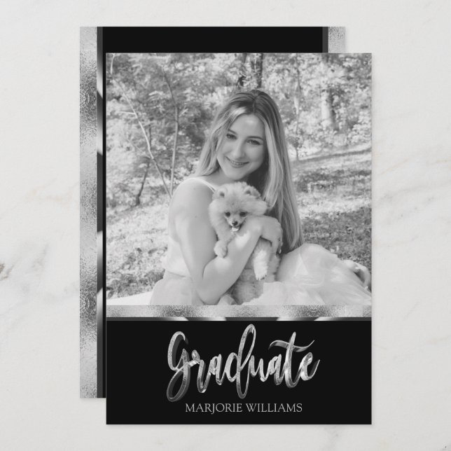 Graduate Black and Silver Grey Script Graduation Invitation (Front/Back)