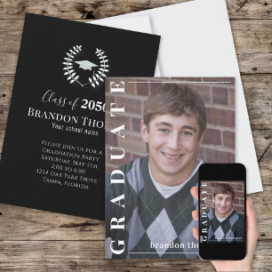 Graduate Black and White Elegant Stylish Photo Invitation