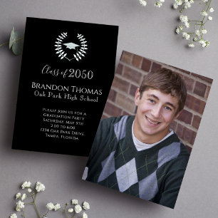 Graduate Black and White Elegant Stylish Photo Invitation