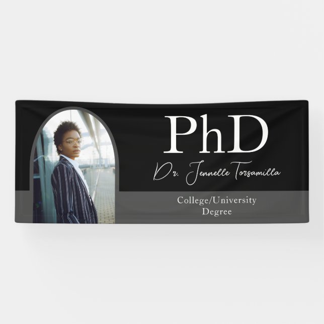 Graduate Black Arch Script Photo PhD Graduation Banner (Horizontal)