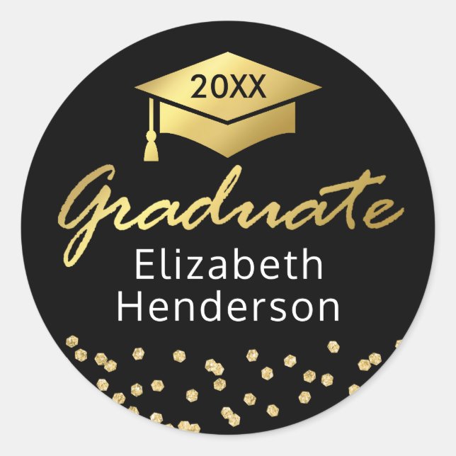 Graduate Black Gold Glitter Graduation Classic Round Sticker (Front)