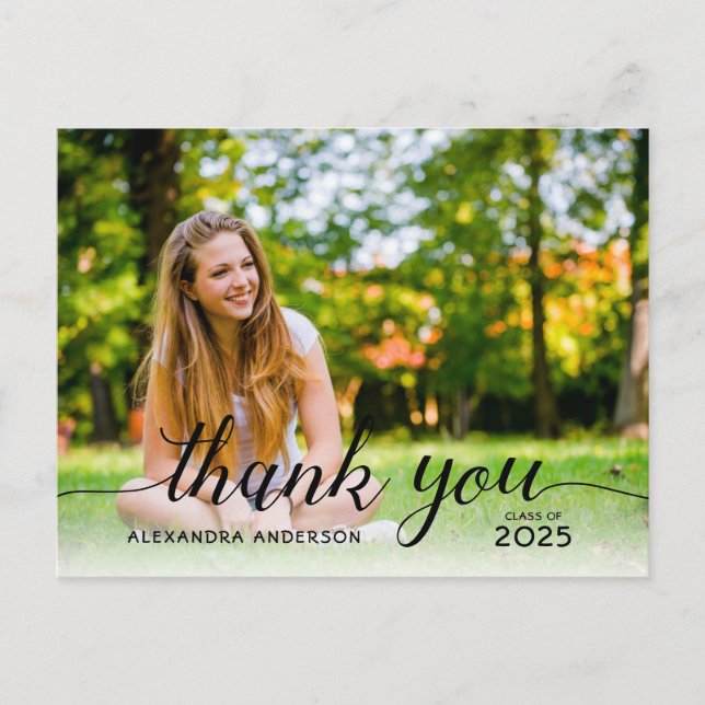 Graduate Black Script Photo Graduation Thank You Postcard (Front)