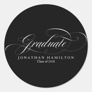 Graduate Black & White Fancy Script Graduation Classic Round Sticker