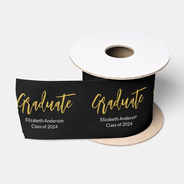 Graduate Black White Gold Grad Name Class of 2024  Satin Ribbon (Spool)