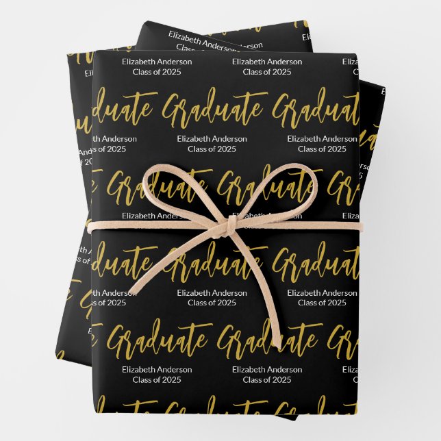 Graduate Black White Gold Grad Name Class of 2024  Wrapping Paper Sheet (In situ)